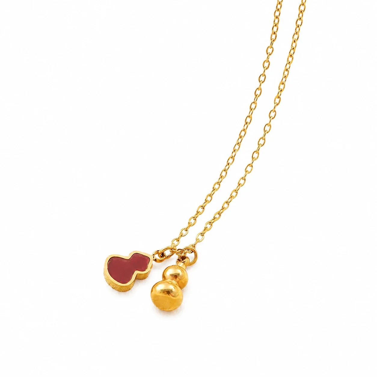 Vintage 18K Gold-Plated Red Gourd Bead Pendant Necklace - Gold / Red