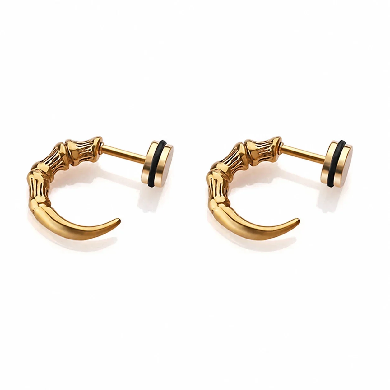 Foto del producto: Pendientes acero inoxidable 316 PVD dorado tipo huggie con garra y segmentos de hueso