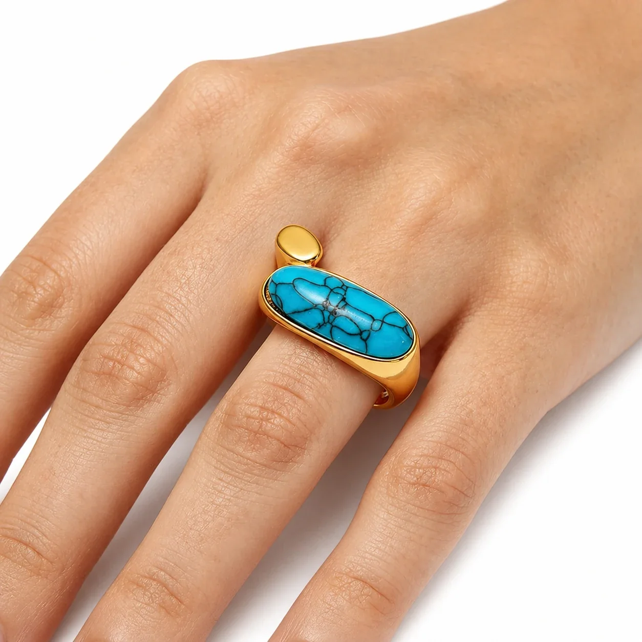 Oval Turquoise 18K Gold-Plated Open-Front 316 Ring