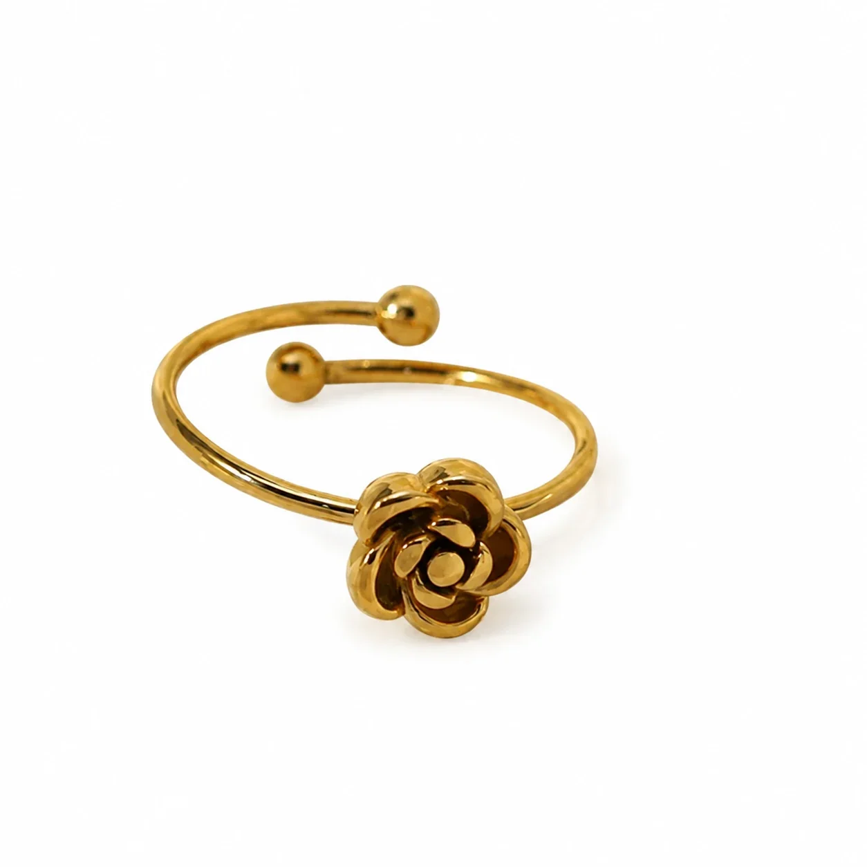 Open Ring with Rose Motif Ball Ends Gold-Plated Steel