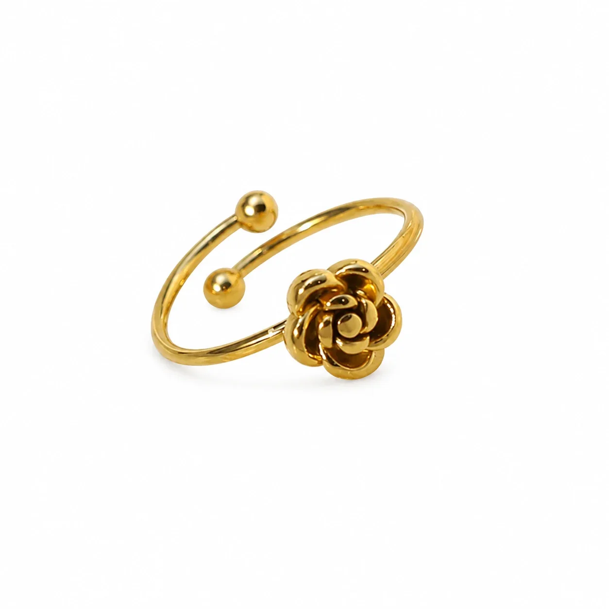 Open Ring with Rose Motif Ball Ends Gold-Plated Steel