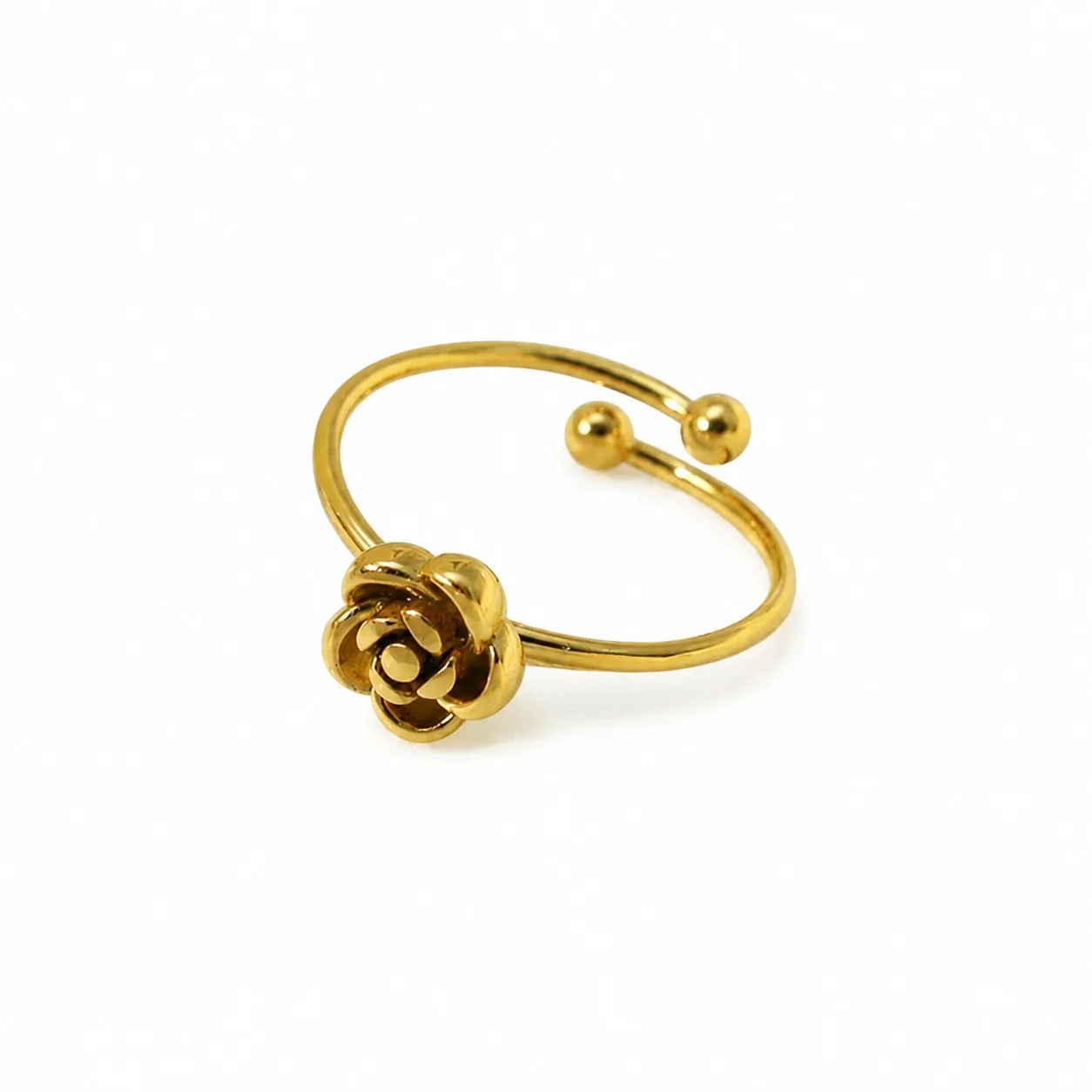 Open Ring with Rose Motif Ball Ends Gold-Plated Steel