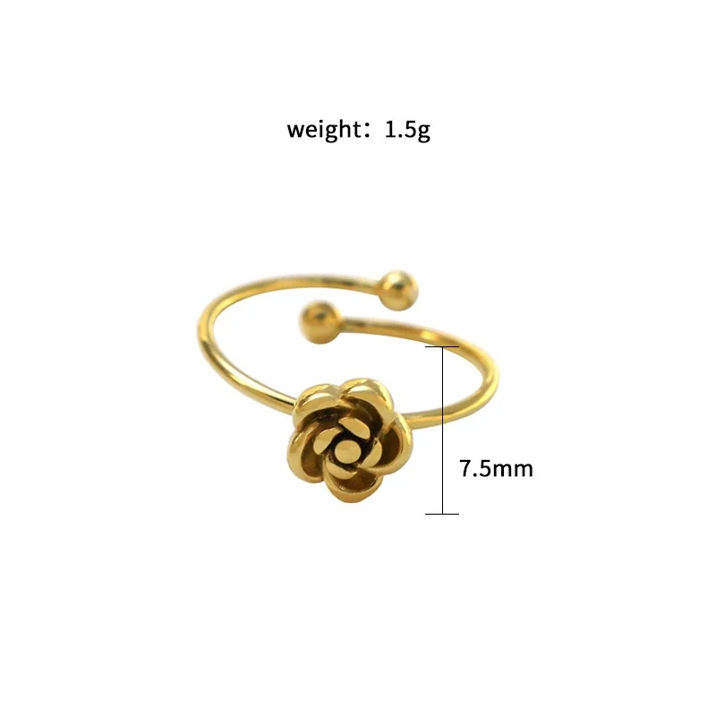 Open Ring with Rose Motif Ball Ends Gold-Plated Steel