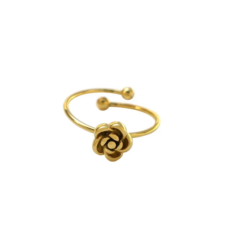 Open Ring with Rose Motif Ball Ends Gold-Plated Steel