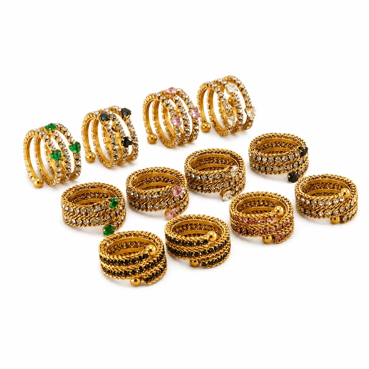Ornate 18k Gold-Plated Multi-Row CZ Bead-Tip Ring