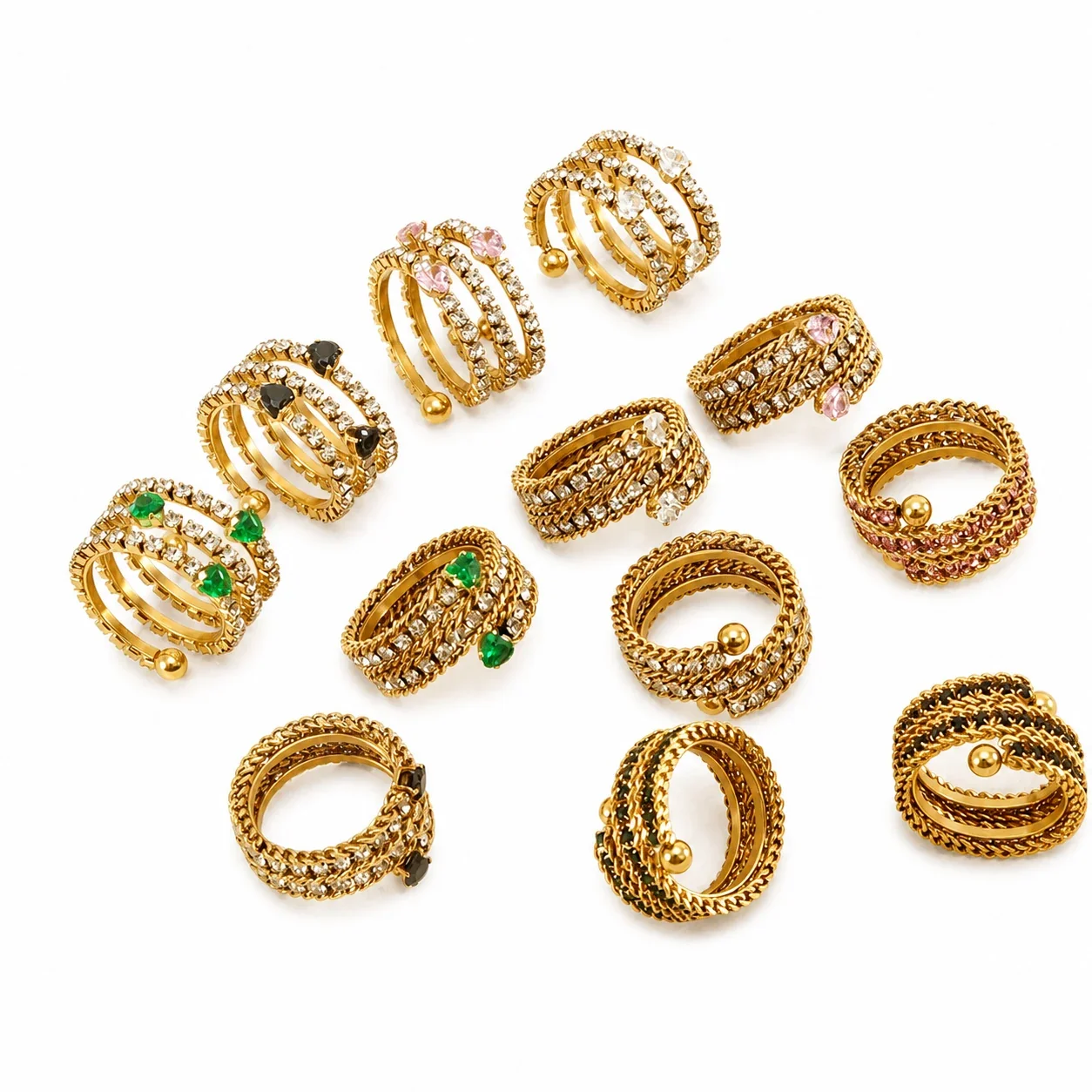Ornate 18k Gold-Plated Multi-Row CZ Bead-Tip Ring