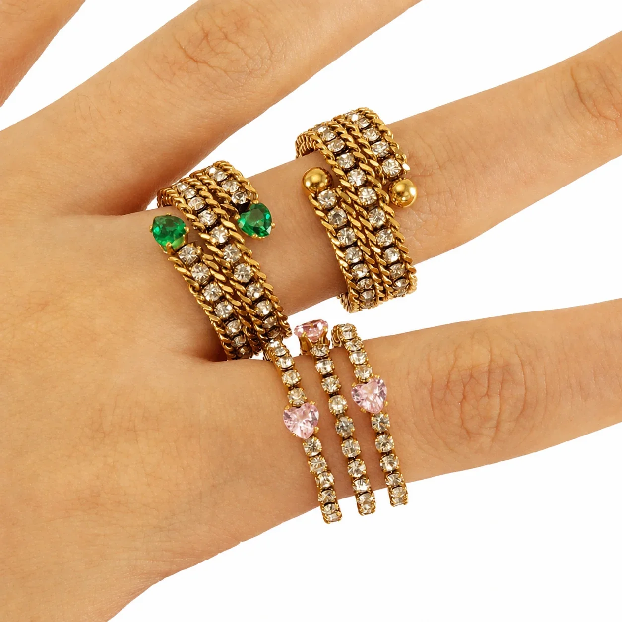 Ornate 18k Gold-Plated Multi-Row CZ Bead-Tip Ring