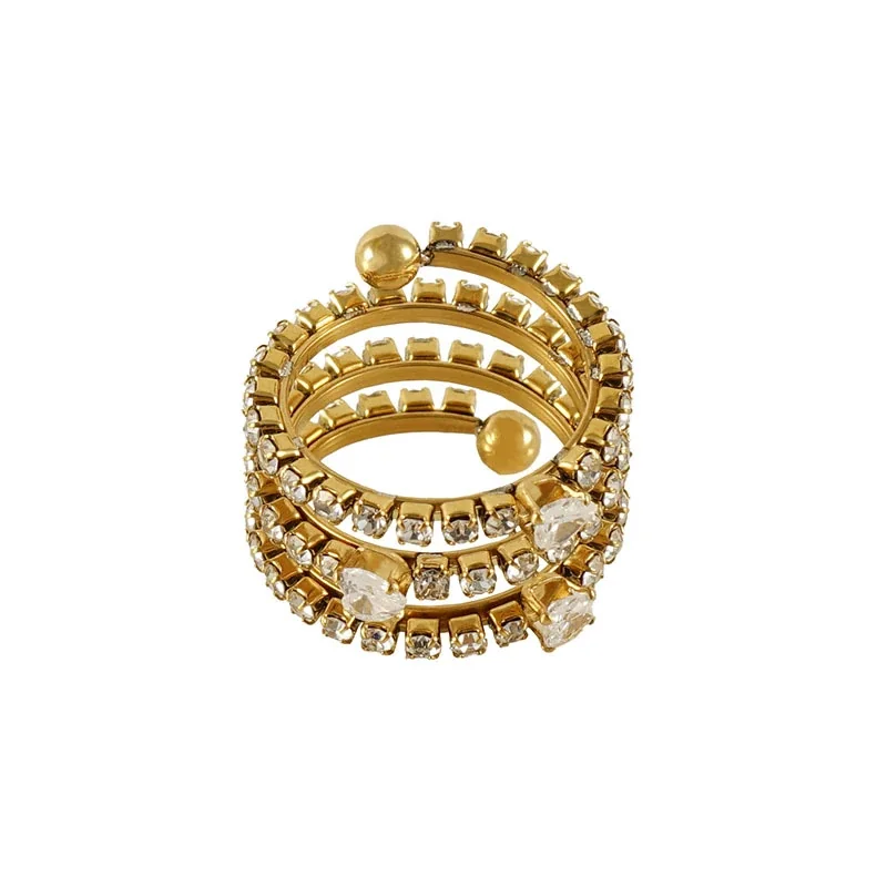 Ornate 18k Gold-Plated Multi-Row CZ Bead-Tip Ring