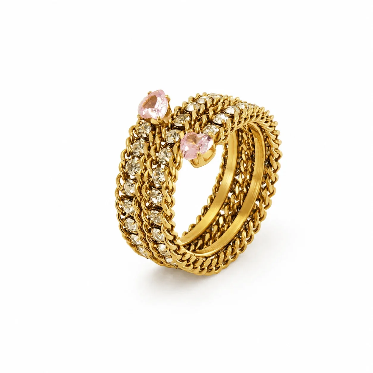 Ornate 18k Gold-Plated Multi-Row CZ Bead-Tip Ring - Style Pink CZ