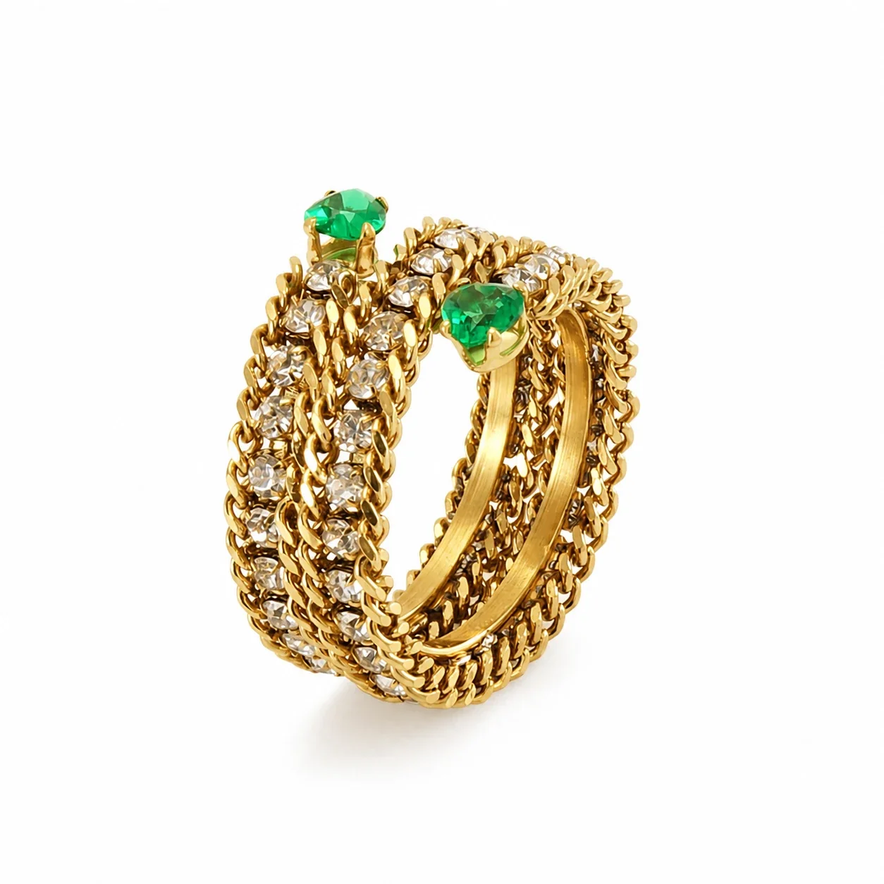 Ornate 18k Gold-Plated Multi-Row CZ Bead-Tip Ring - Style Green CZ