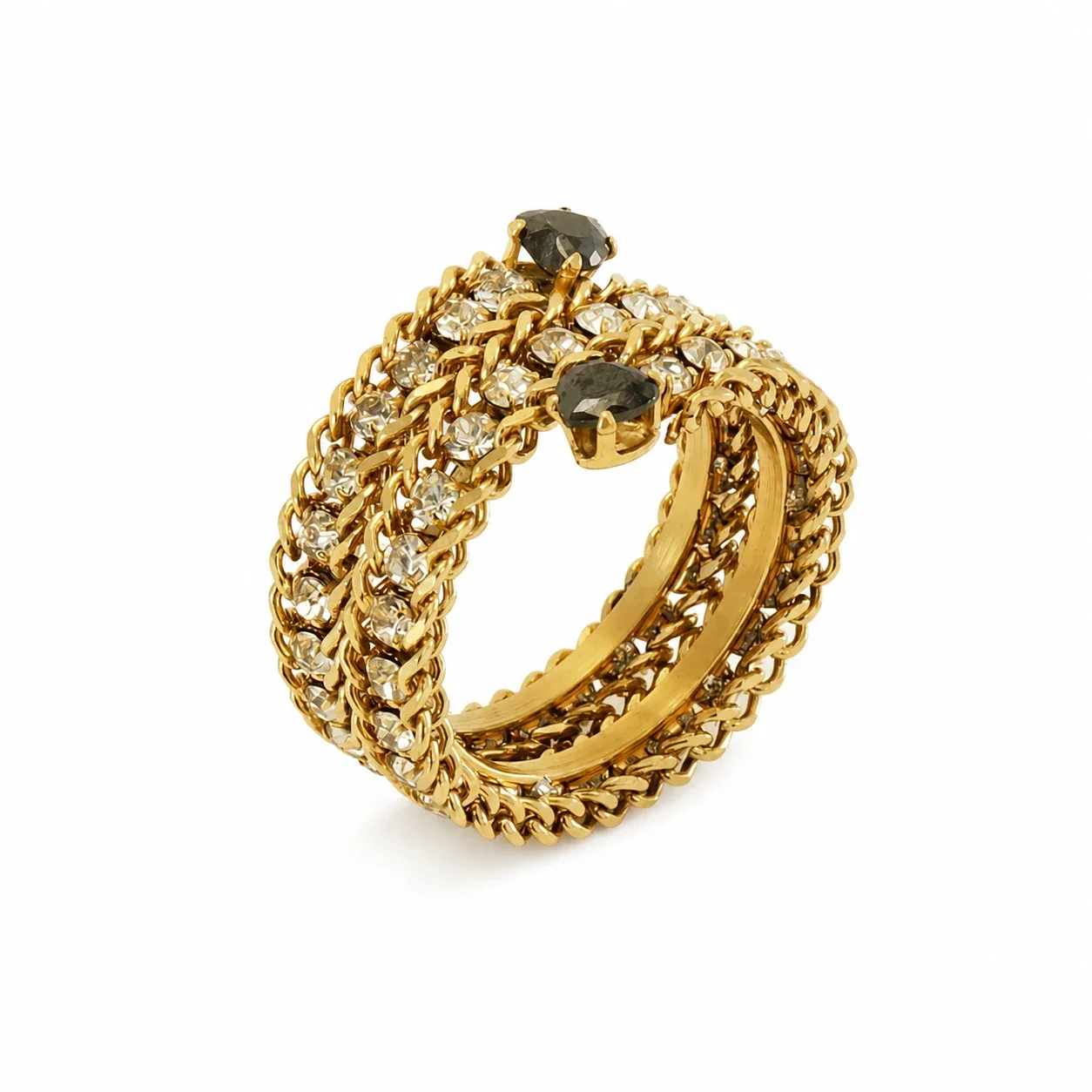 Ornate 18k Gold-Plated Multi-Row CZ Bead-Tip Ring - Style Black CZ