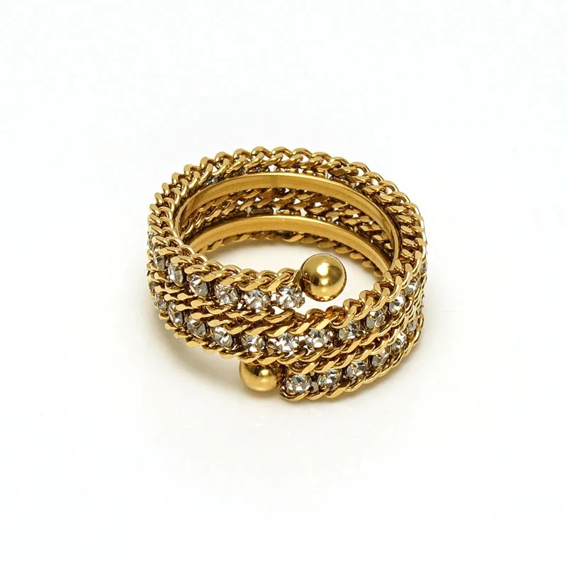 Ornate 18k Gold-Plated Multi-Row CZ Bead-Tip Ring - Style White CZ