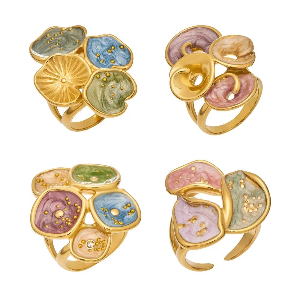 Statement Ring with Four Enamel Petals, Gold-Plated Stainless Steel
