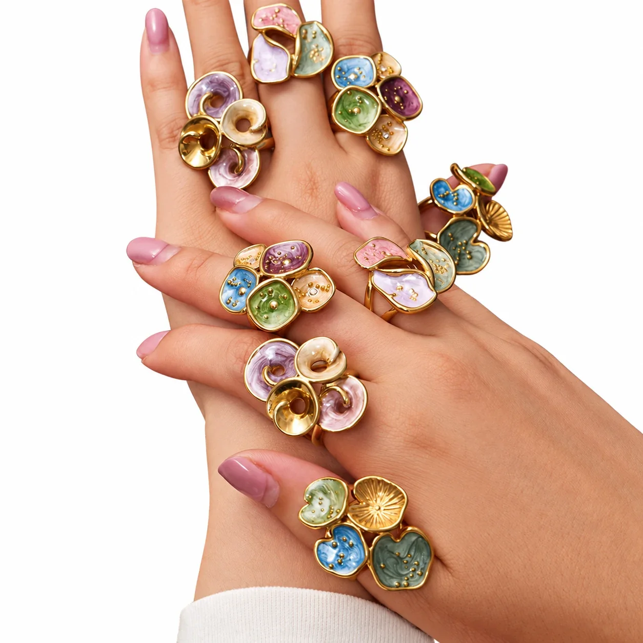Statement Ring with Four Enamel Petals, Gold-Plated Stainless Steel
