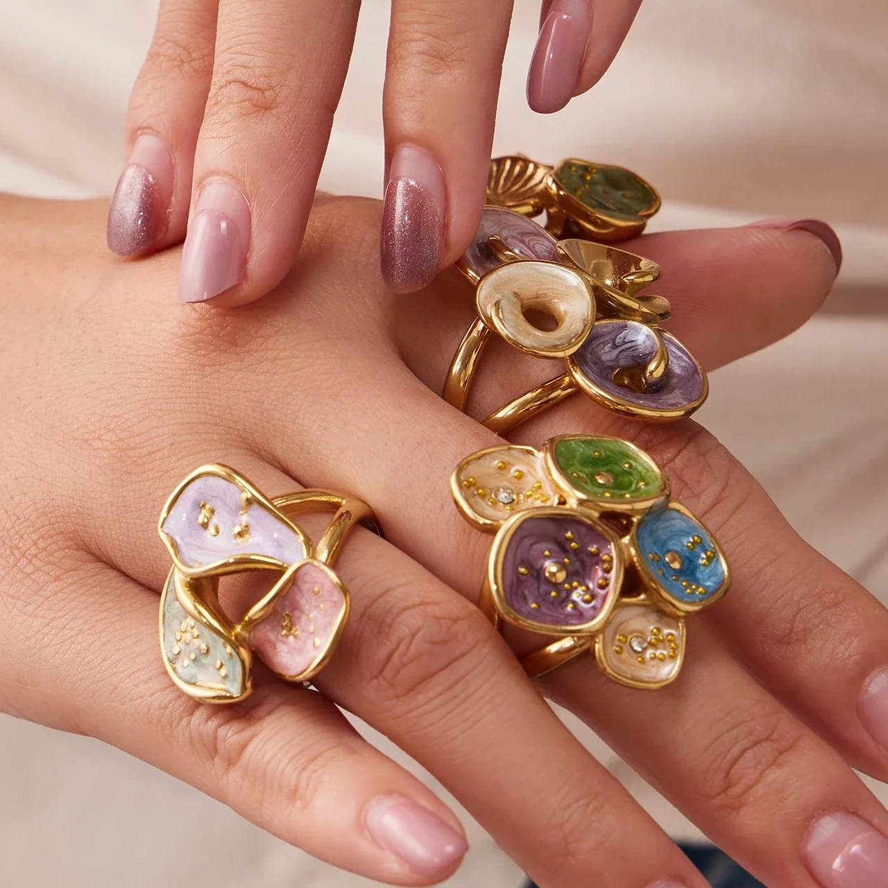 Statement Ring with Four Enamel Petals, Gold-Plated Stainless Steel