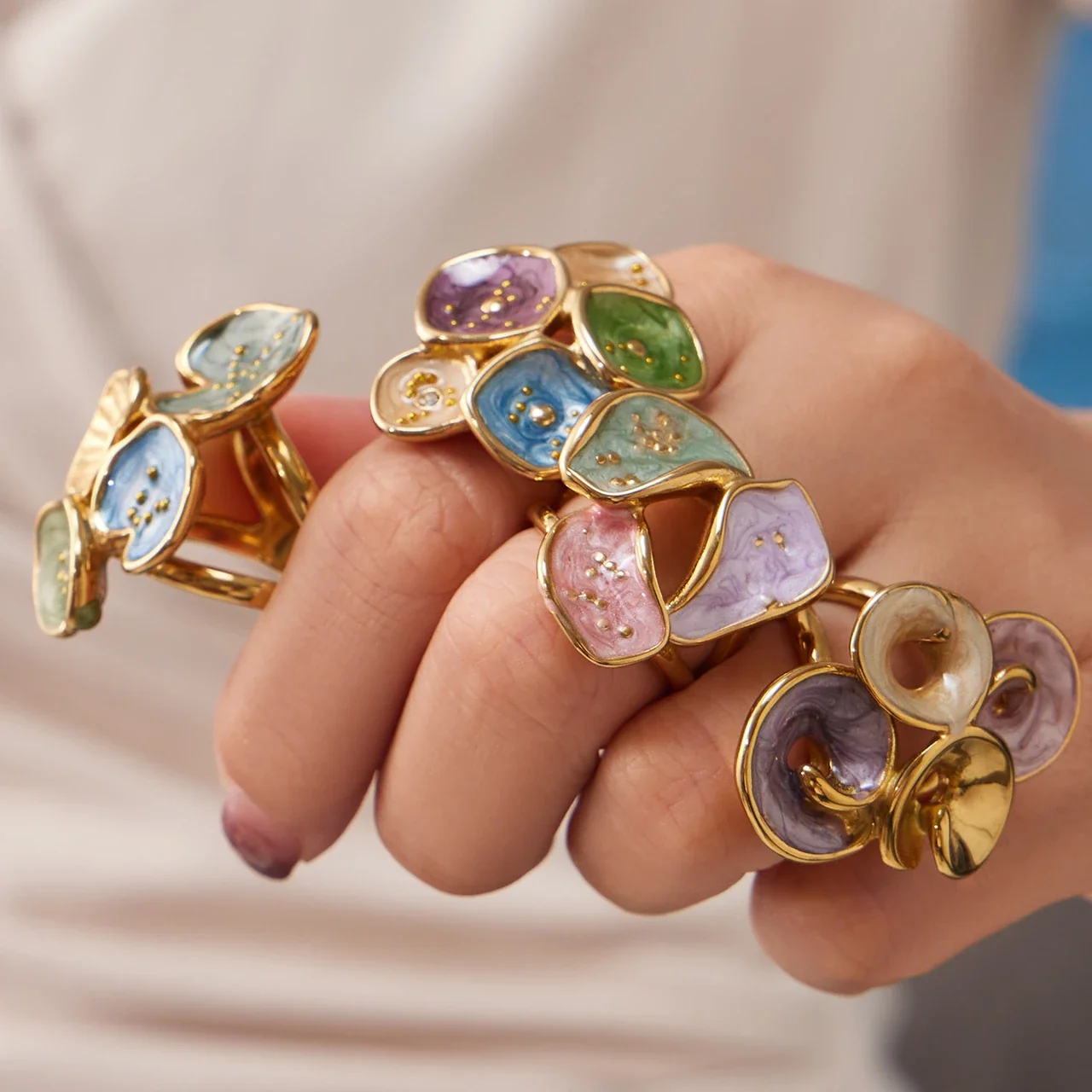 Statement Ring with Four Enamel Petals, Gold-Plated Stainless Steel
