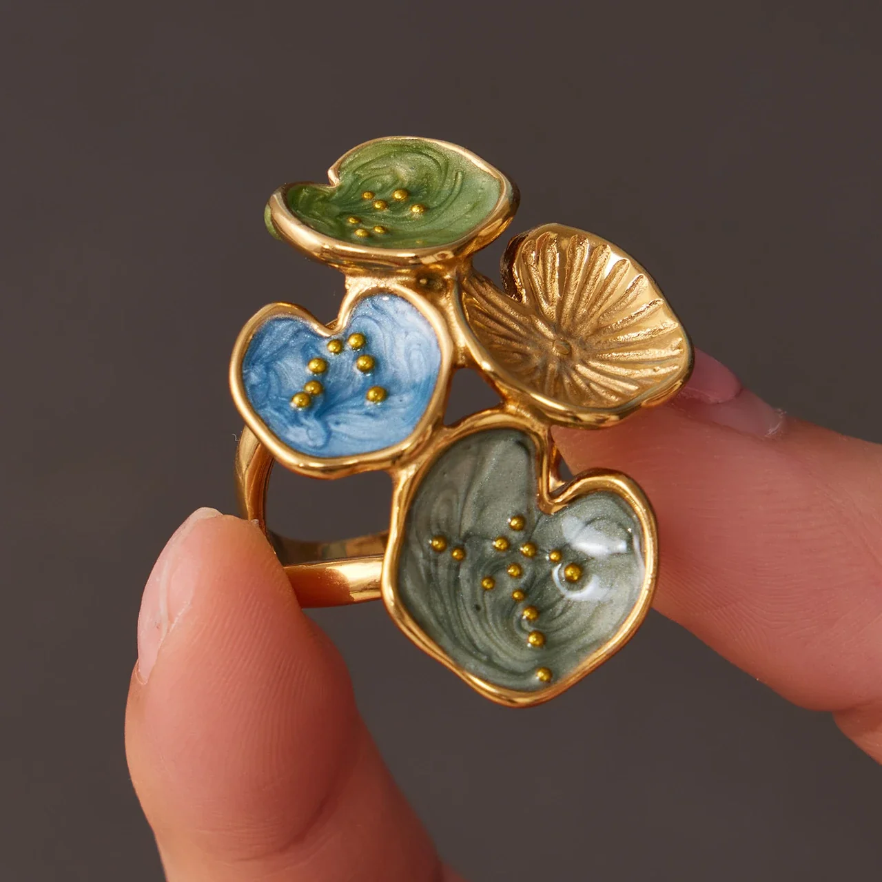 Statement Ring with Four Enamel Petals, Gold-Plated Stainless Steel