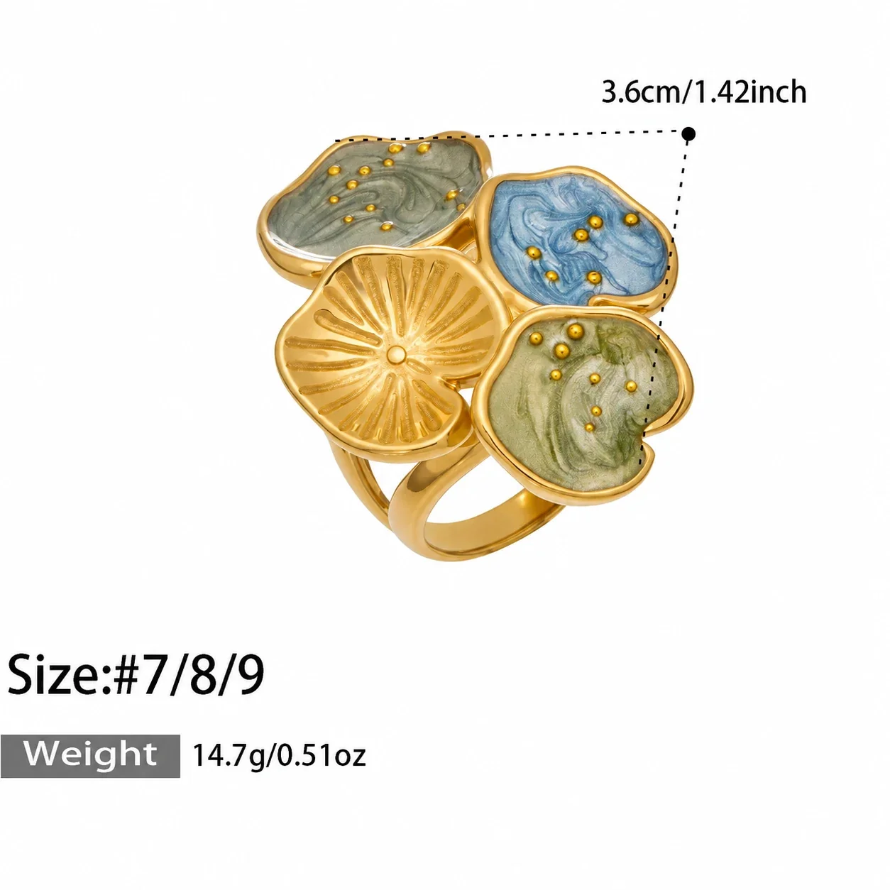 Statement Ring with Four Enamel Petals, Gold-Plated Stainless Steel - Gold