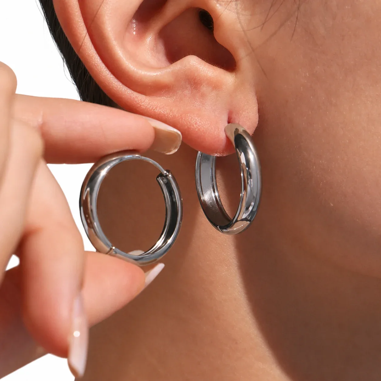 Sleek Stainless Steel High-Polish Rounded Huggie Hoop Earrings