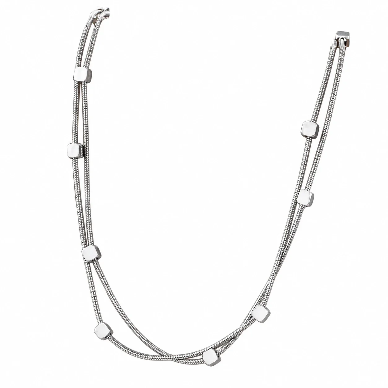 Foto del producto: Collar plateado de doble capa con cadena de serpiente y cuentas cúbicas