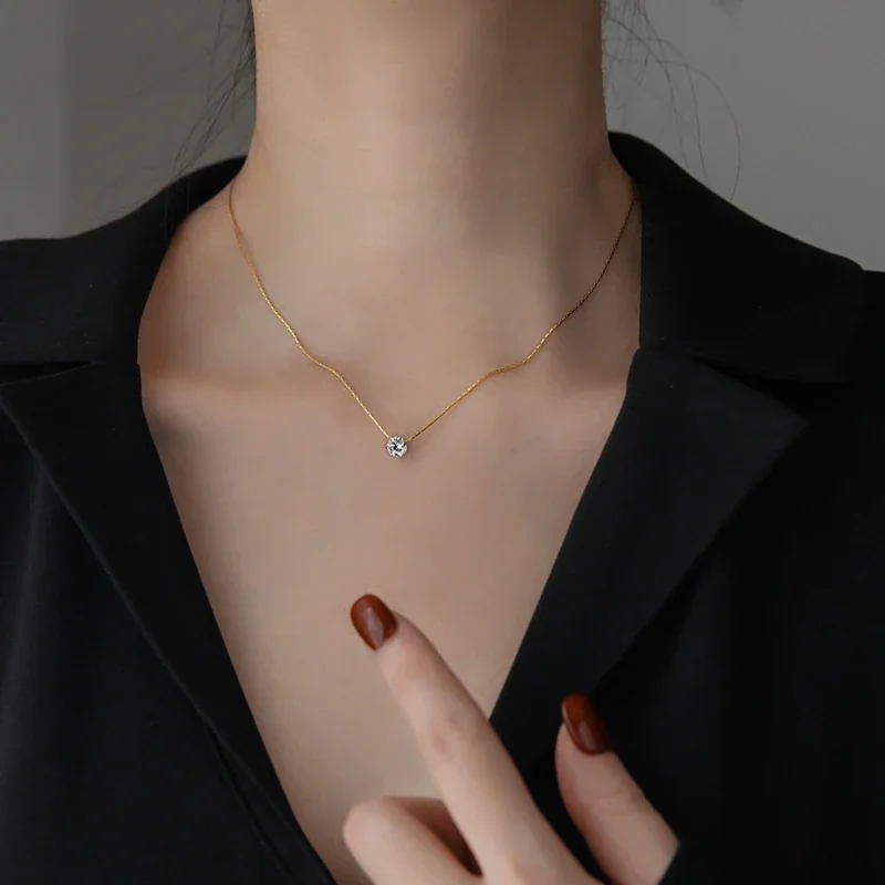 Pendant Necklace, Round Crystal & Snake Chain, Stainless Steel