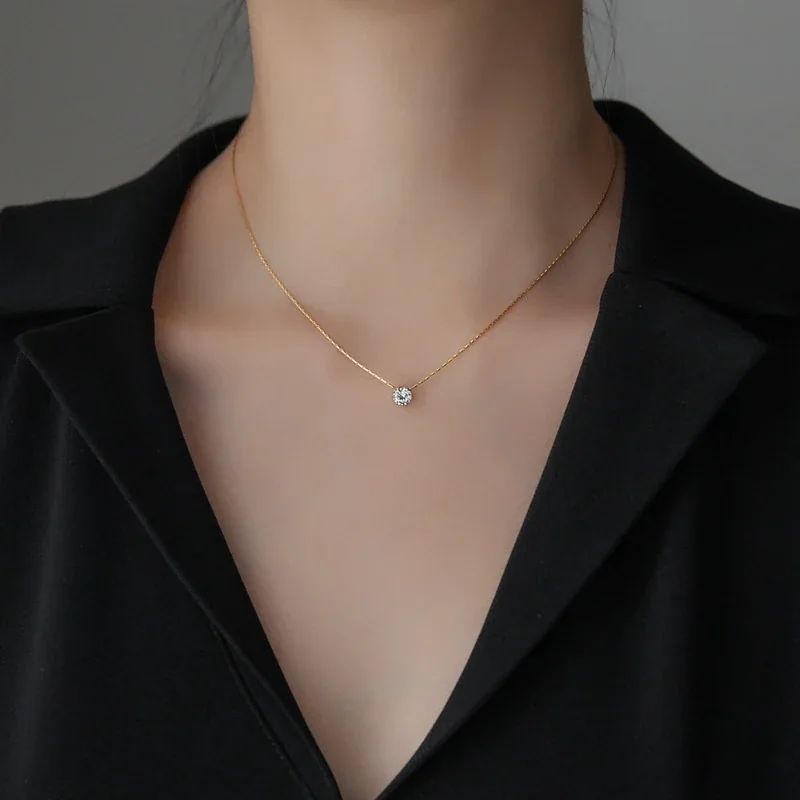 Pendant Necklace, Round Crystal & Snake Chain, Stainless Steel