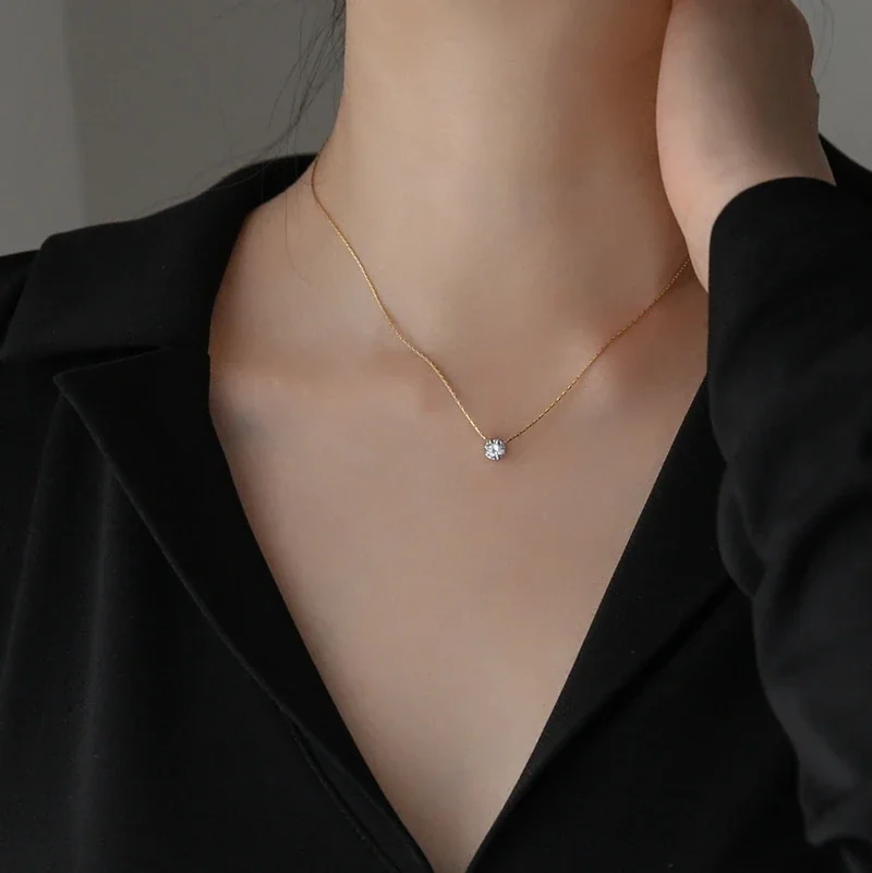 Pendant Necklace, Round Crystal & Snake Chain, Stainless Steel