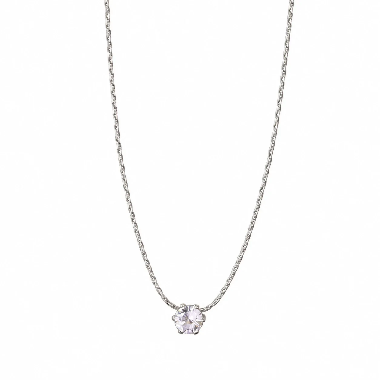 Pendant Necklace, Round Crystal & Snake Chain, Stainless Steel - Silver