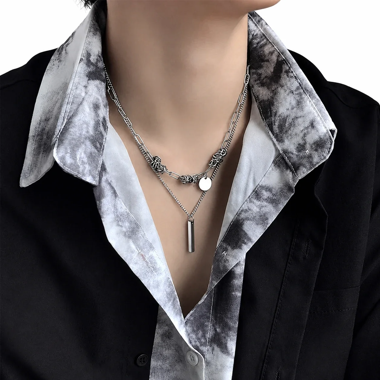 Layered Stainless Steel Paperclip Curb Pendant Necklace