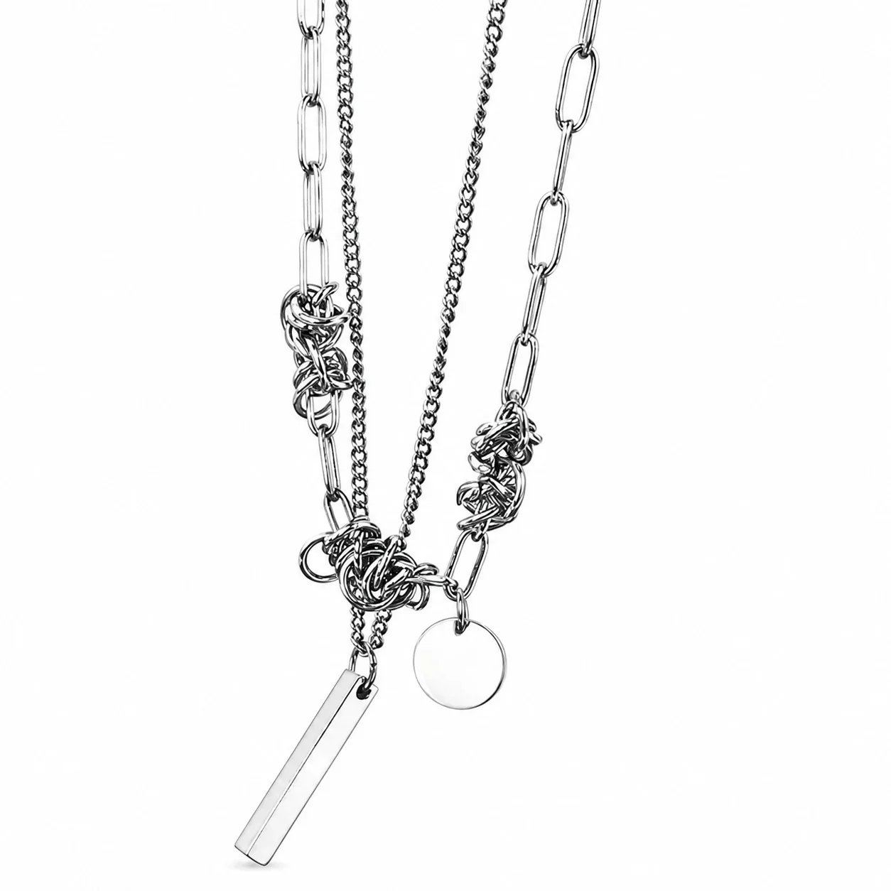 Layered Stainless Steel Paperclip Curb Pendant Necklace