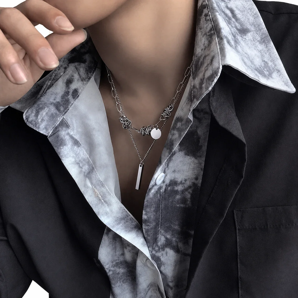 Layered Stainless Steel Paperclip Curb Pendant Necklace