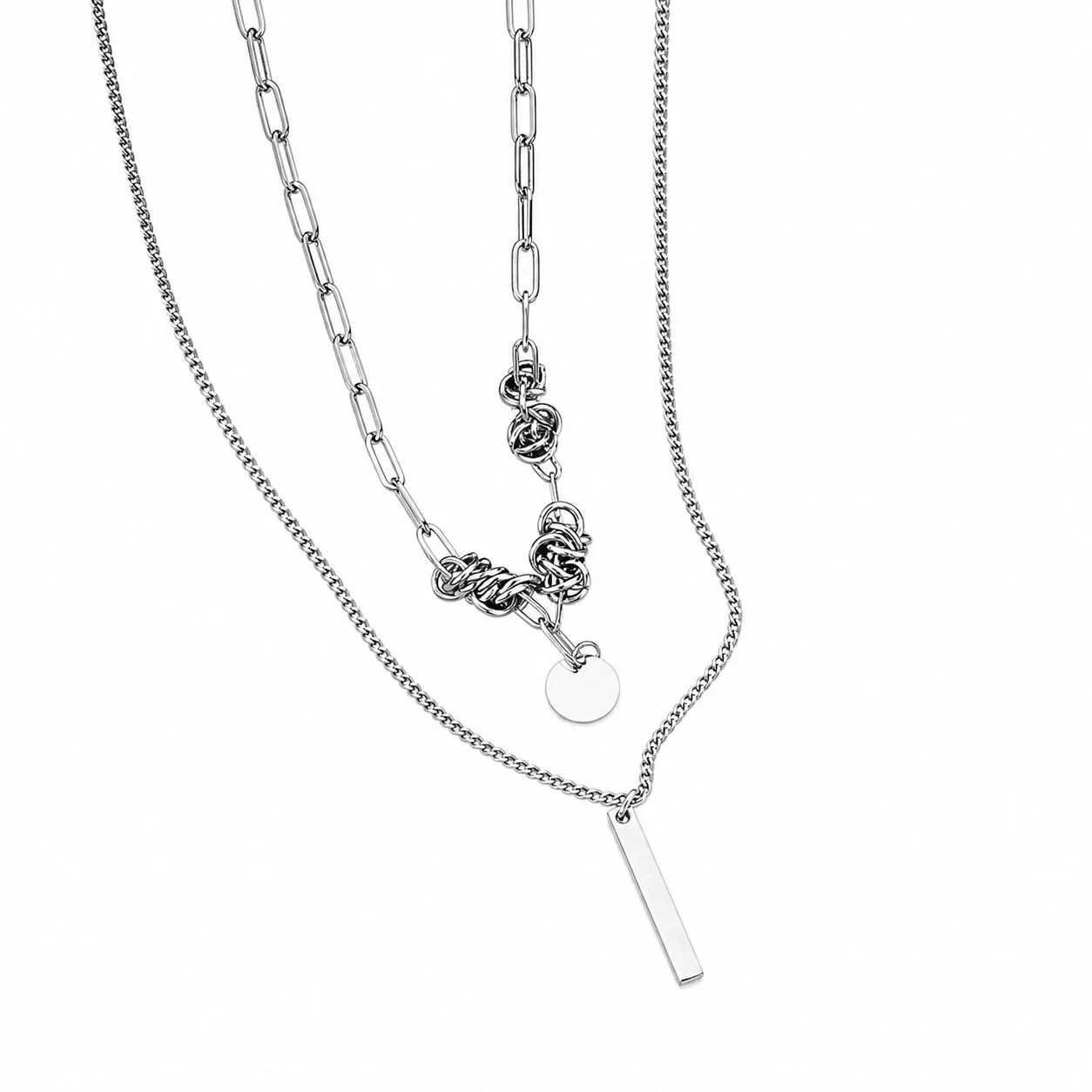 Layered Stainless Steel Paperclip Curb Pendant Necklace