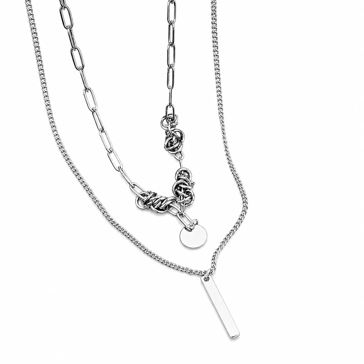 Layered Stainless Steel Paperclip Curb Pendant Necklace - Silver