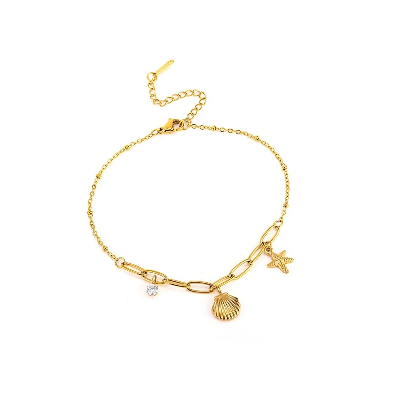 Anklet with Ribbed Shell, Starfish & Clear Crystal, Stainless Steel