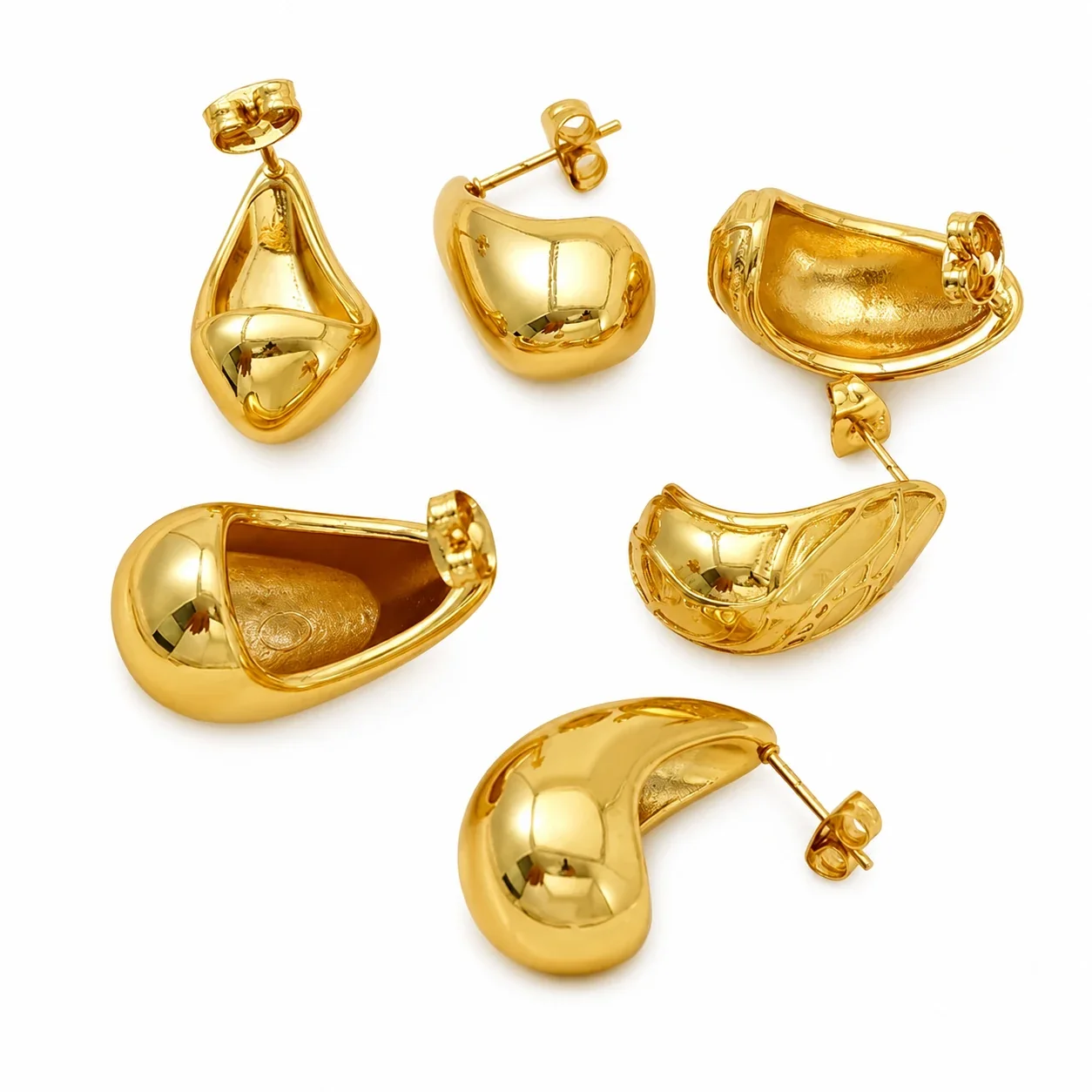 Sculptural Gold-Plated Teardrop Dome Stud Earrings