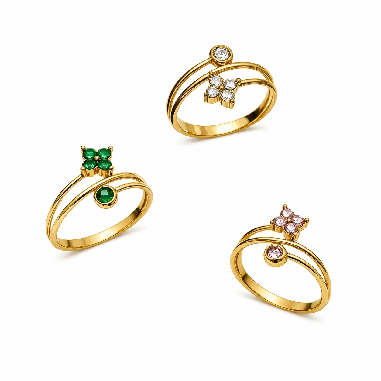 Dainty Clover Triple-Band 18K Gold-Plated 316 Steel CZ Ring
