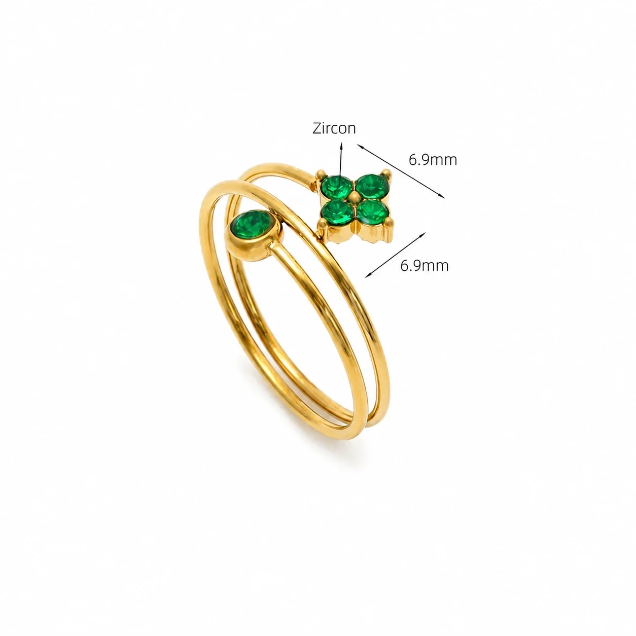 Dainty Clover Triple-Band 18K Gold-Plated 316 Steel CZ Ring - Gold Emerald CZ