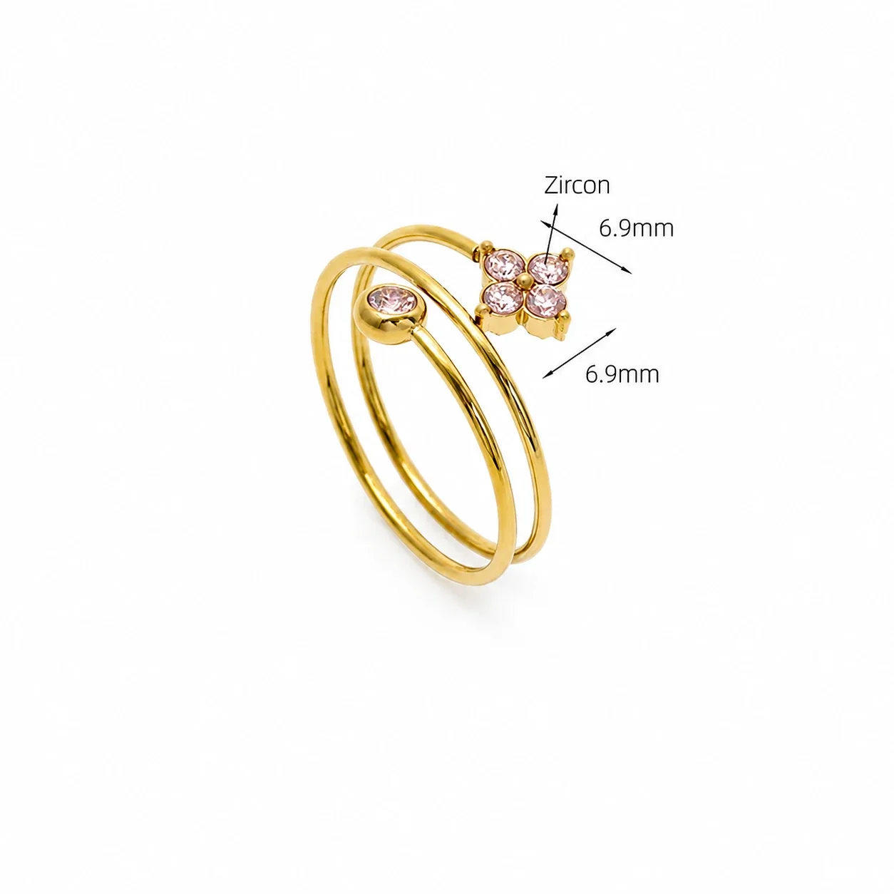 Dainty Clover Triple-Band 18K Gold-Plated 316 Steel CZ Ring - Gold Pink CZ