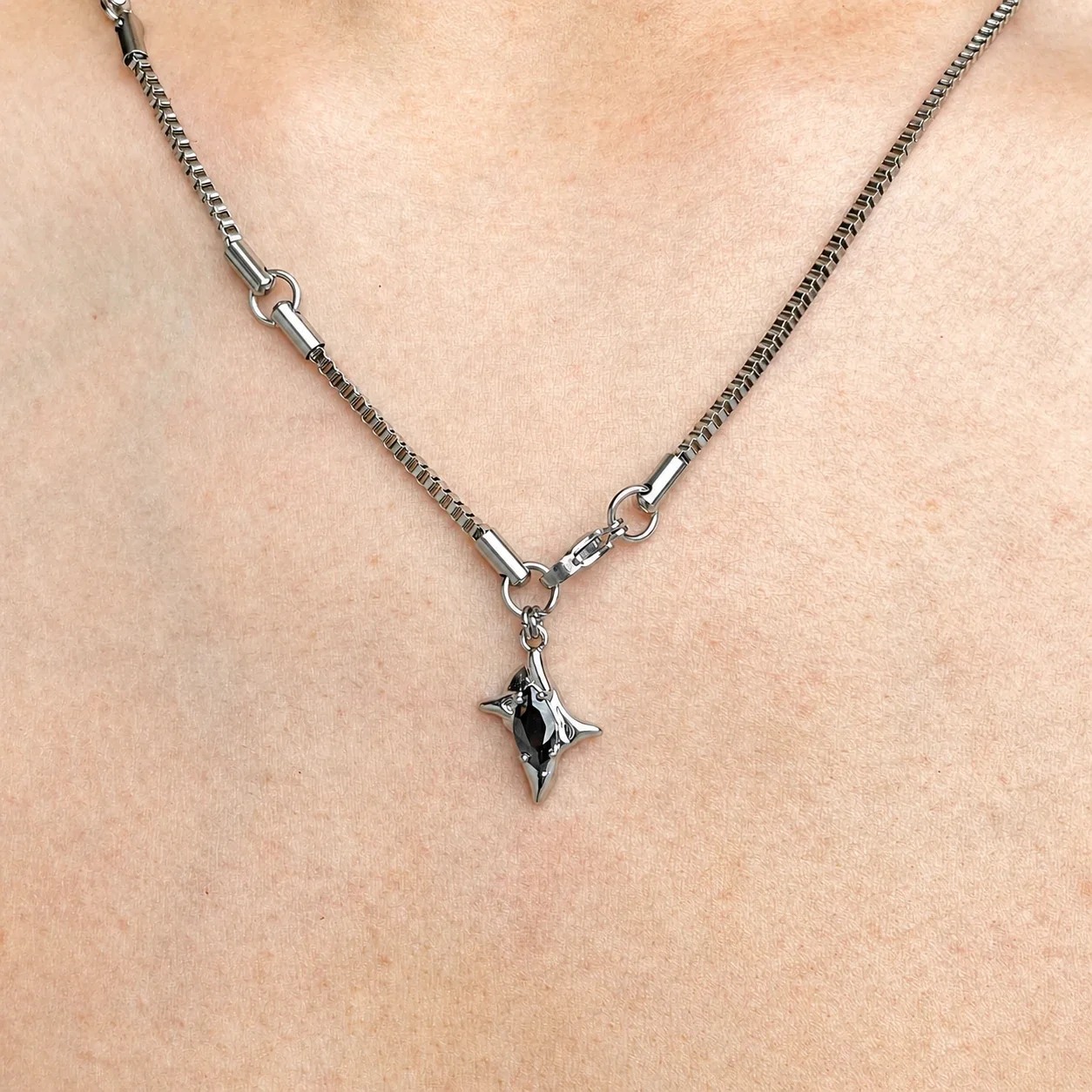 Edgy Stainless Steel Box Chain Star CZ Pendant Necklace