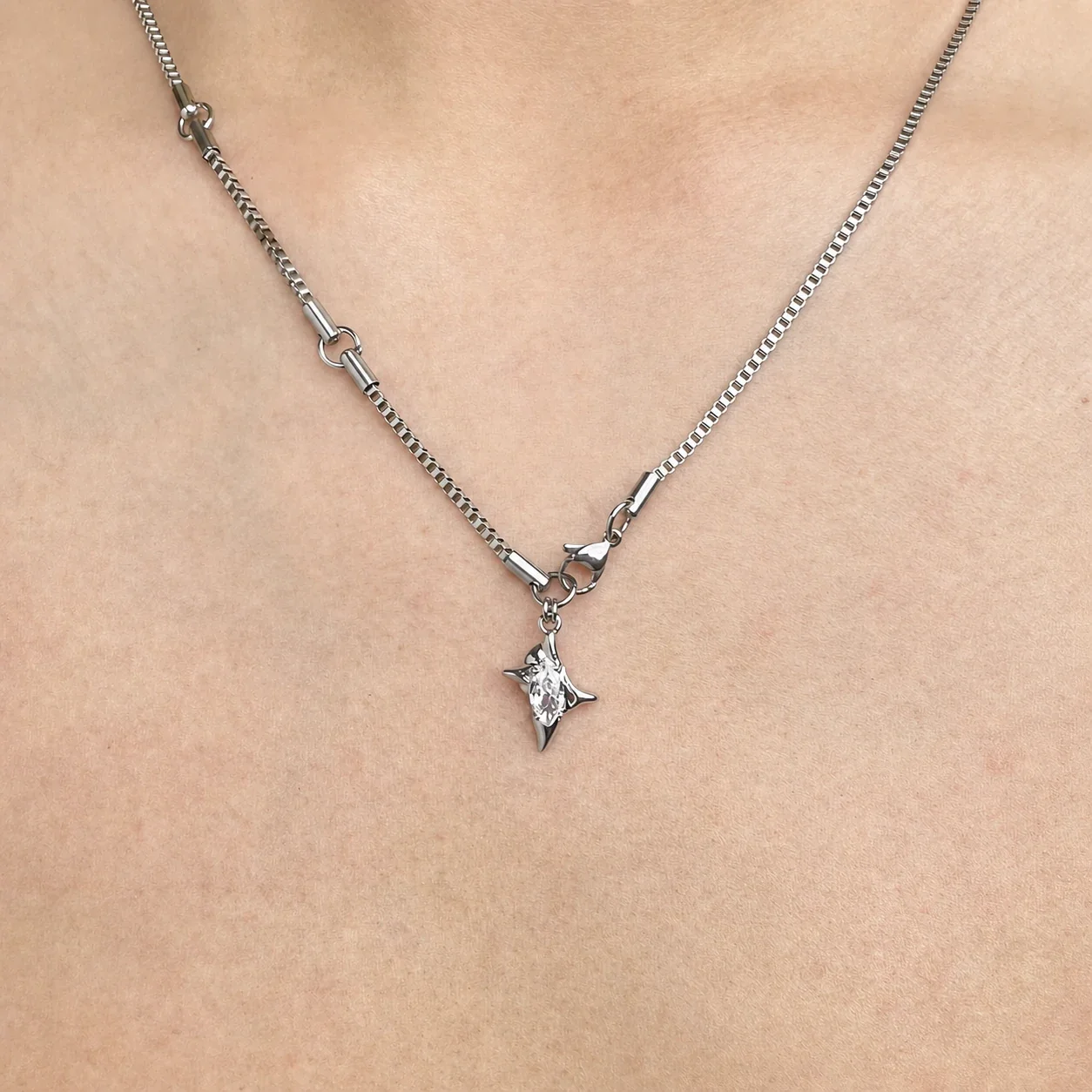 Edgy Stainless Steel Box Chain Star CZ Pendant Necklace