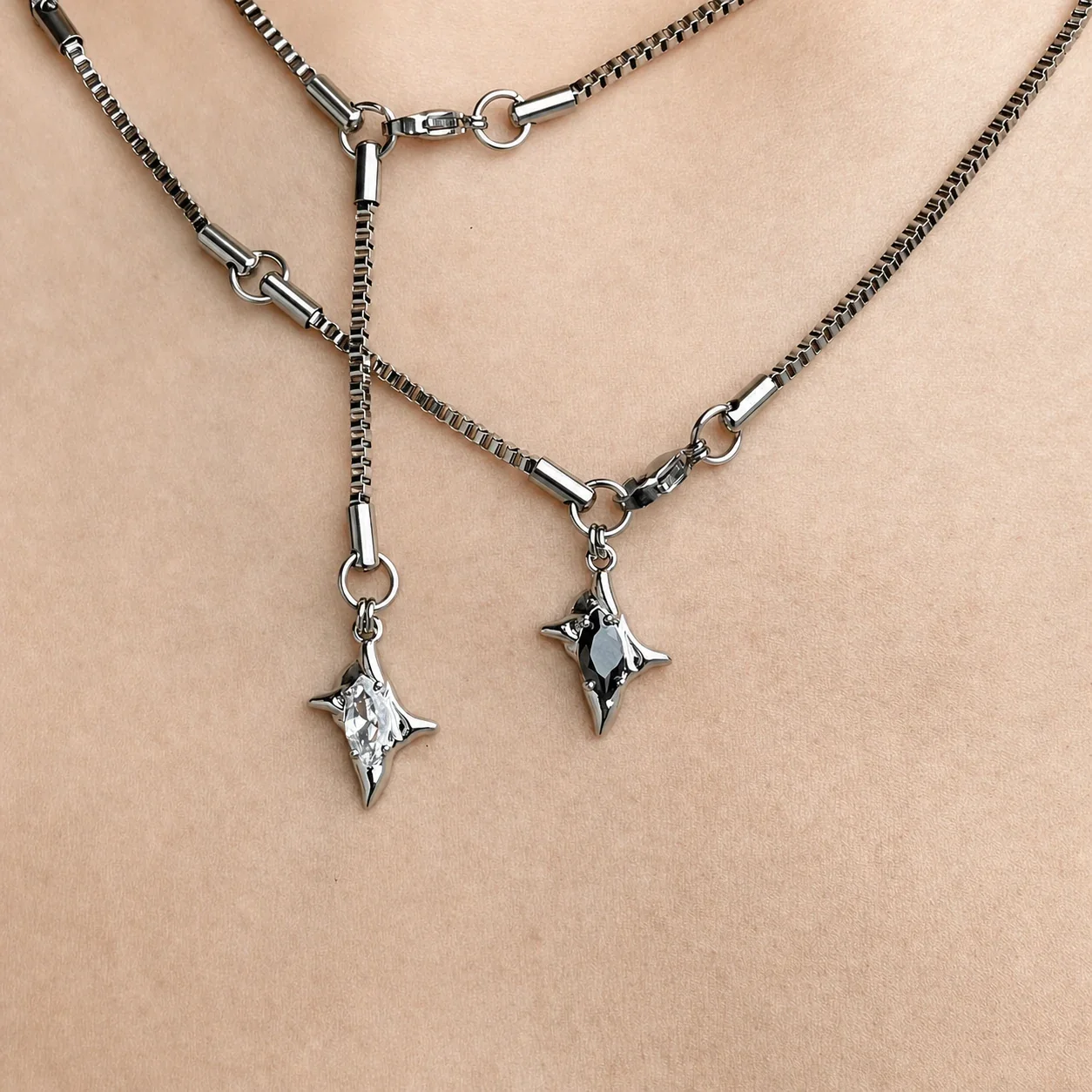 Edgy Stainless Steel Box Chain Star CZ Pendant Necklace
