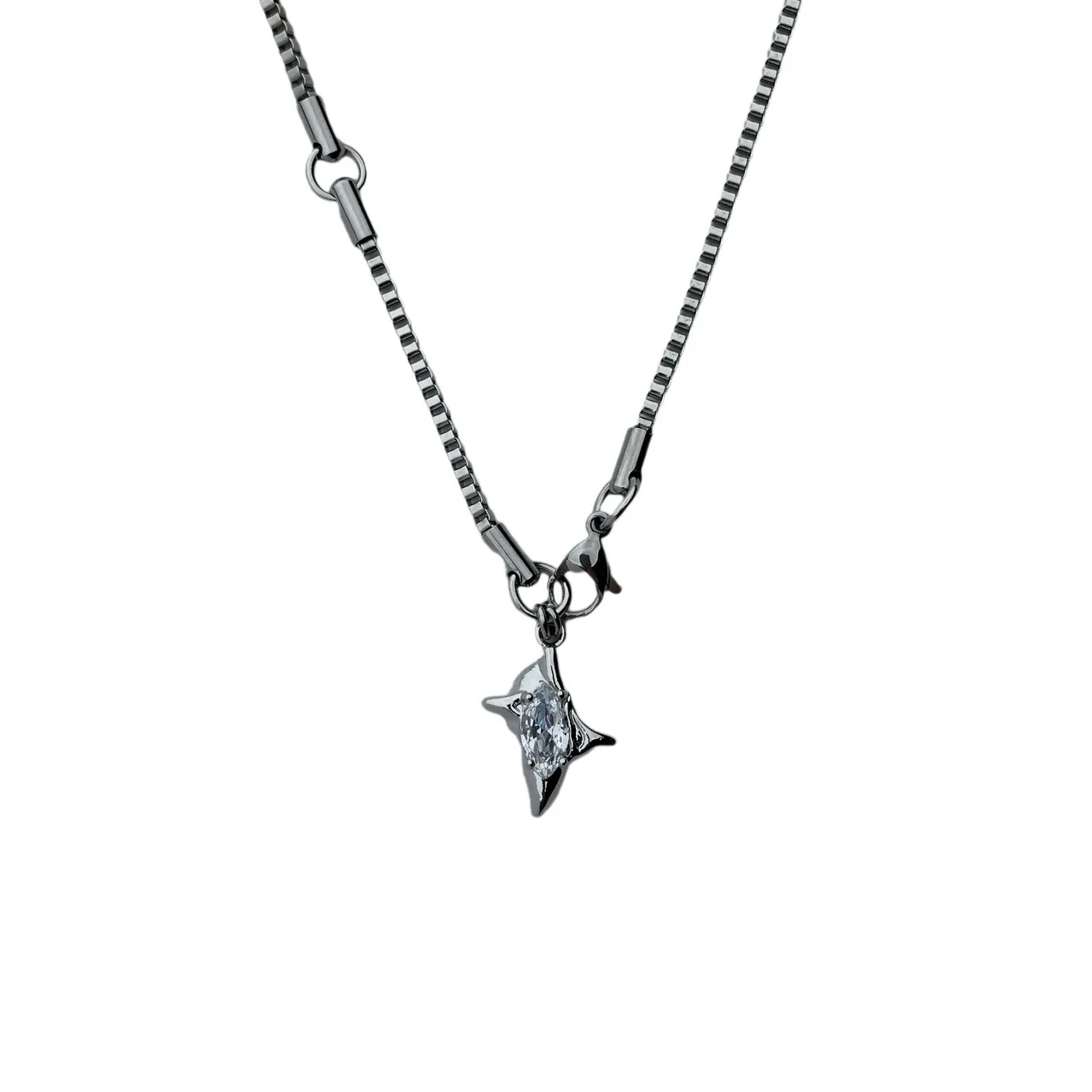 Edgy Stainless Steel Box Chain Star CZ Pendant Necklace - Box Clear CZ
