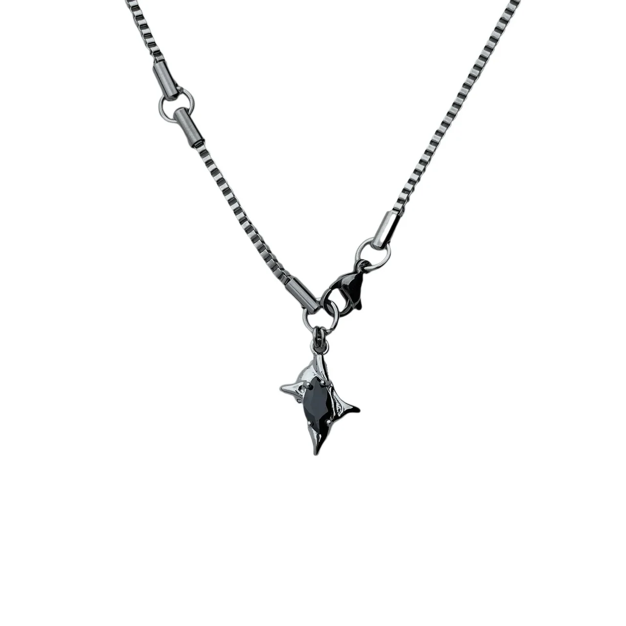 Edgy Stainless Steel Box Chain Star CZ Pendant Necklace - Box Black CZ