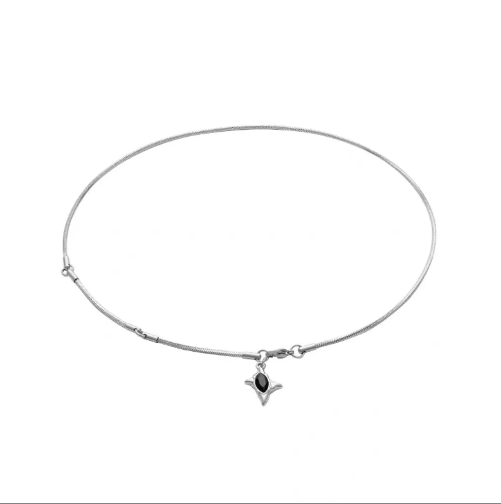 Edgy Stainless Steel Box Chain Star CZ Pendant Necklace - Snake Black CZ
