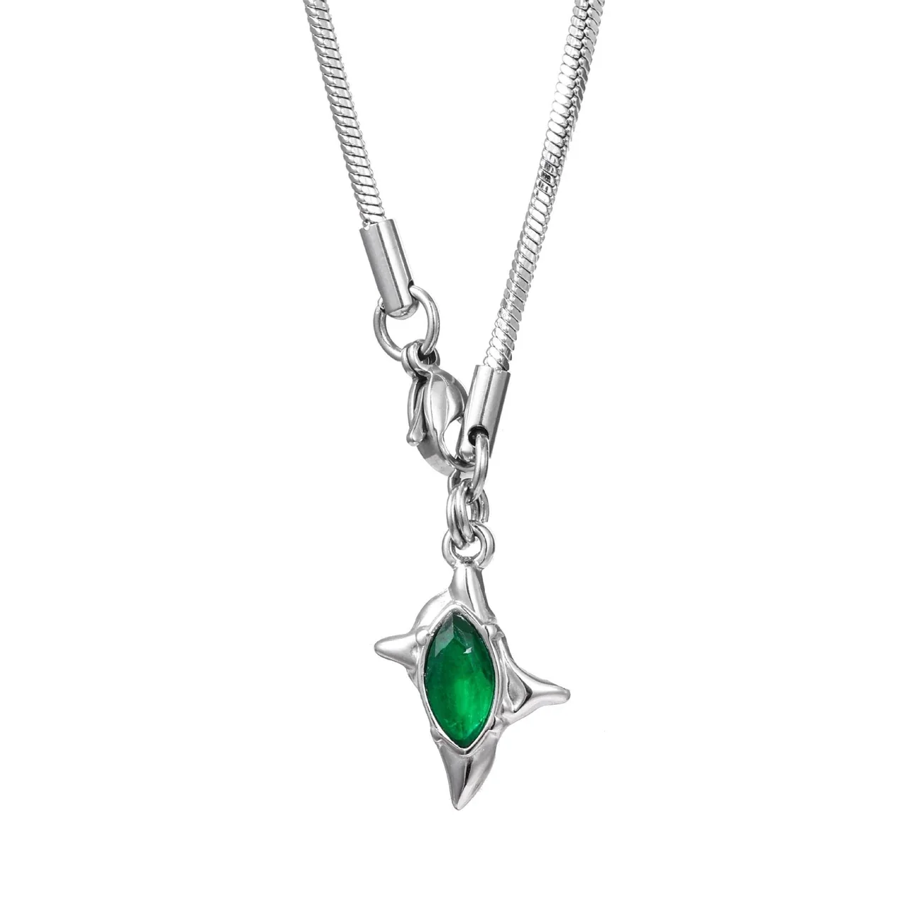 Edgy Stainless Steel Box Chain Star CZ Pendant Necklace - Snake Green CZ