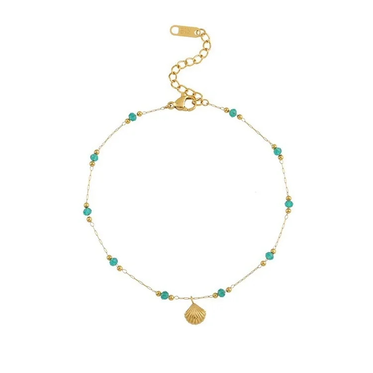 Shell Charm Green Bead Stainless Steel Anklet, Gold-Plated