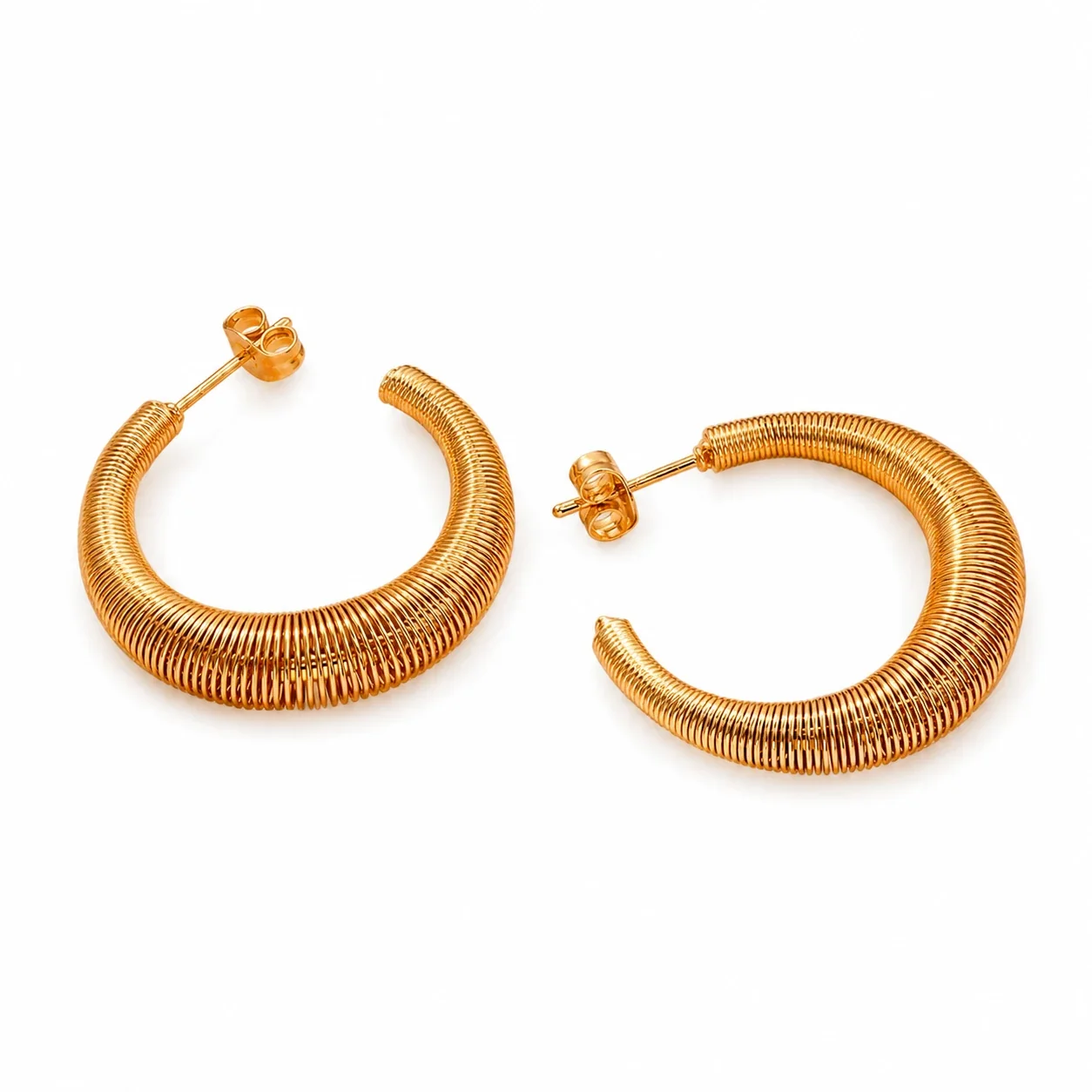 Sculptural Gold-Plated Ribbed Open Hoop Earrings