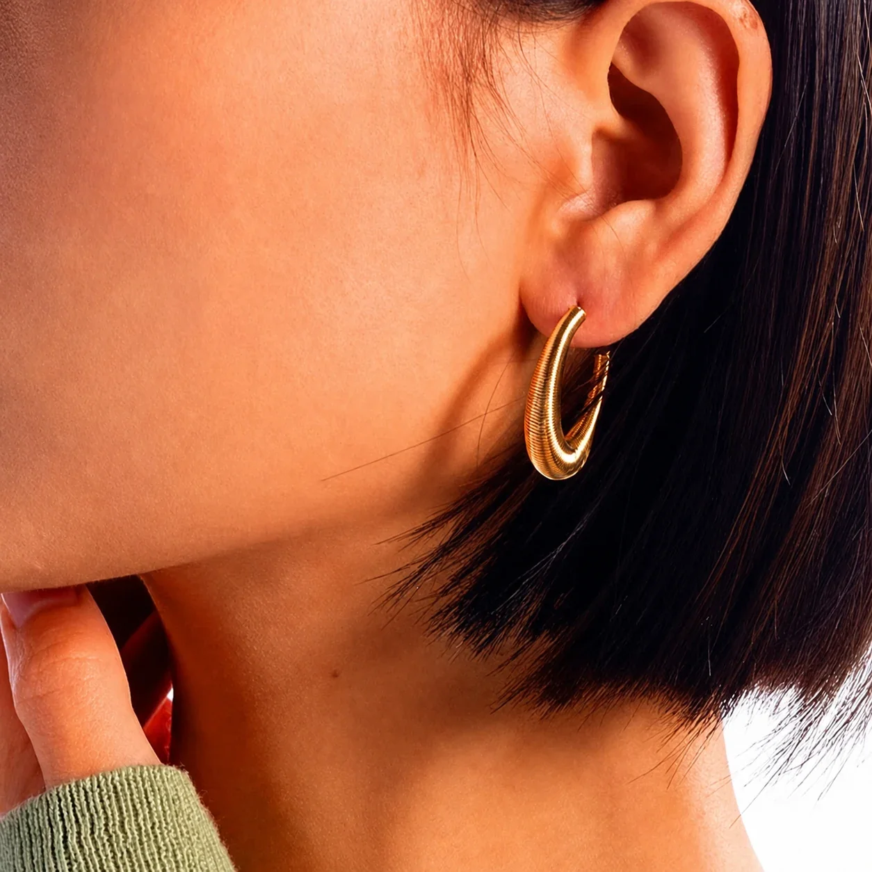 Sculptural Gold-Plated Ribbed Open Hoop Earrings
