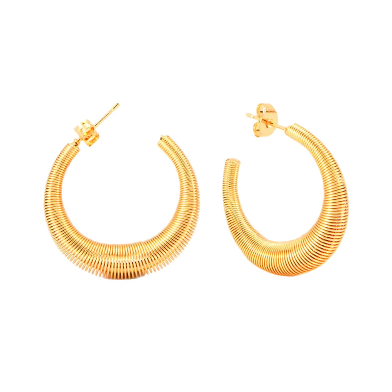 Sculptural Gold-Plated Ribbed Open Hoop Earrings
