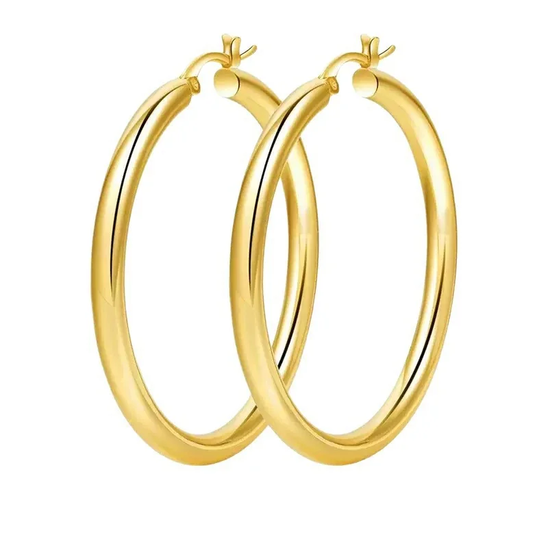 Polished Gold-Plated Round Tube Hinged Hoop Earrings